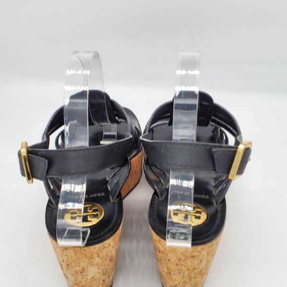 Tory Burch Leslie Black Strappy Cork Wedge Sandals - Picture 4 of 11